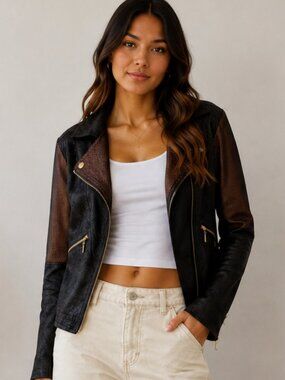 Joseph Ribkoff Black Faux Leather Moto Jacket | XL | Oversized Fit